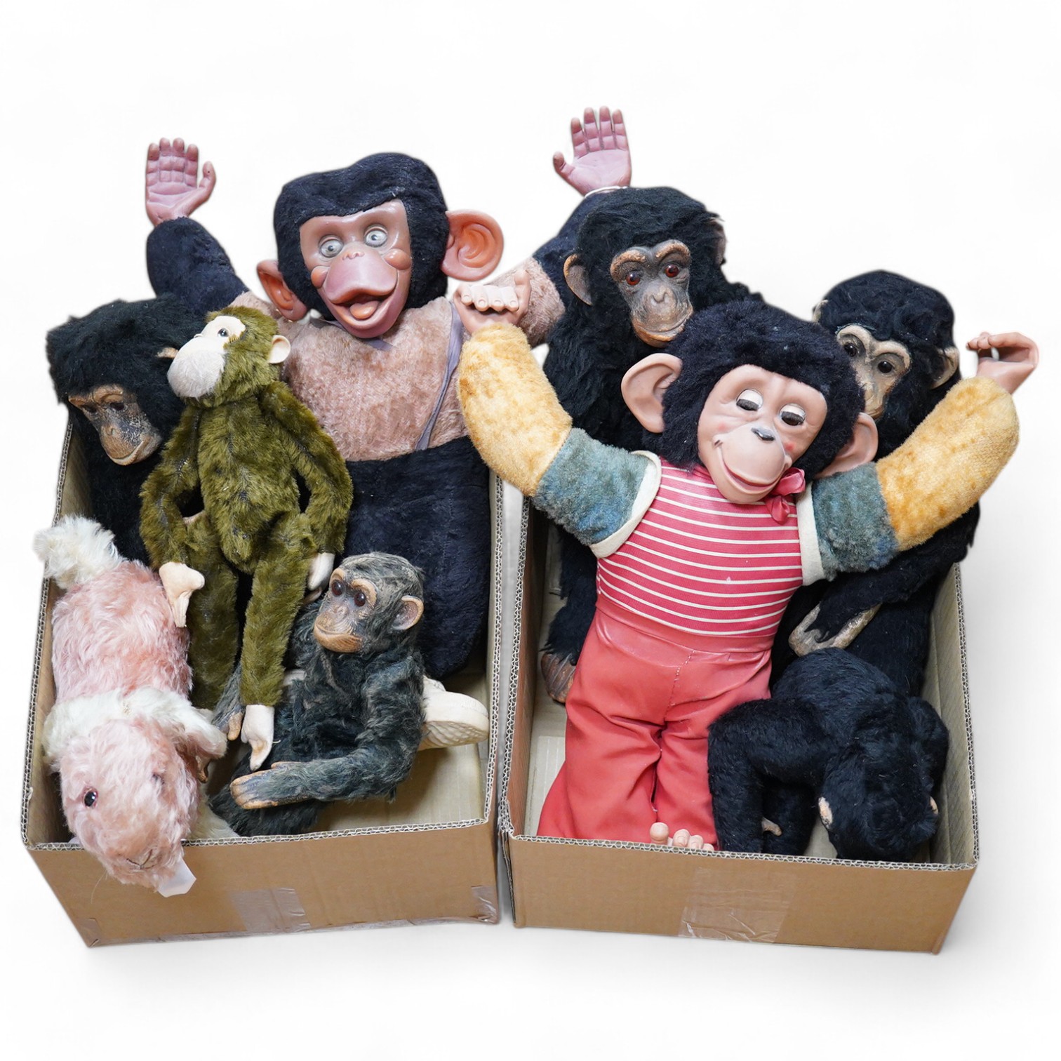 A Farnell’s Alpha Toys monkey, seven other soft toy monkeys and a soft toy rabbit, Farnell 36cm. Condition varies